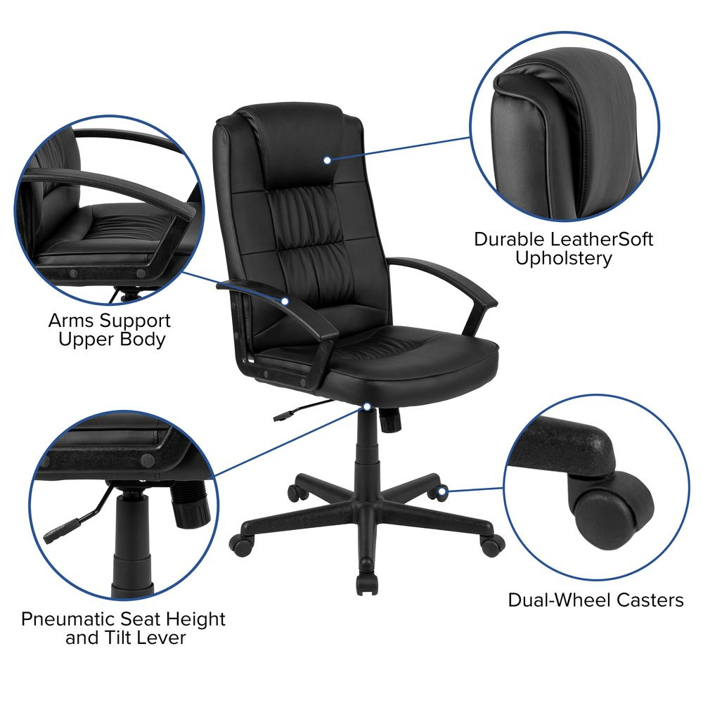 Flash Fundamentals High Back Black LeatherSoft - Padded Task Office Chair with Arms, BIFMA Certified - Mervyns