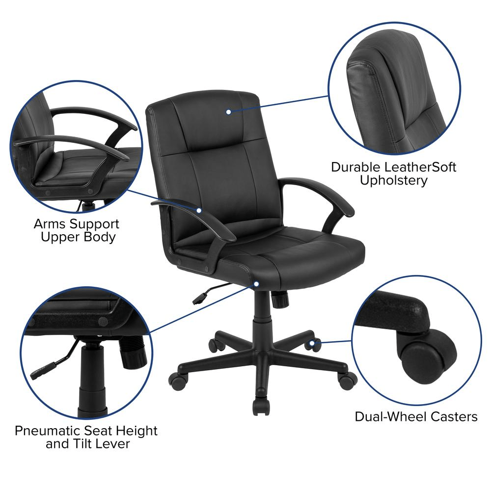 Flash Fundamentals Mid - Back Black LeatherSoft - Padded Task Office Chair with Arms, BIFMA Certified - Mervyns