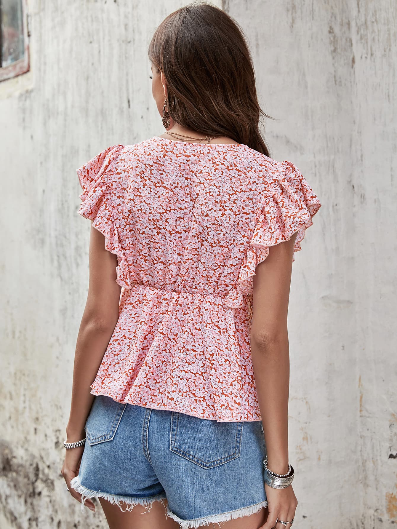 Floral Butterfly Sleeve V - Neck Peplum Blouse - Mervyns