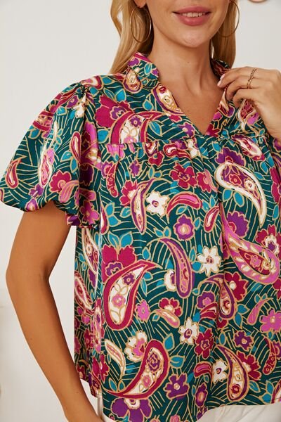 Floral Collared Neck Short Sleeve Blouse - Mervyns