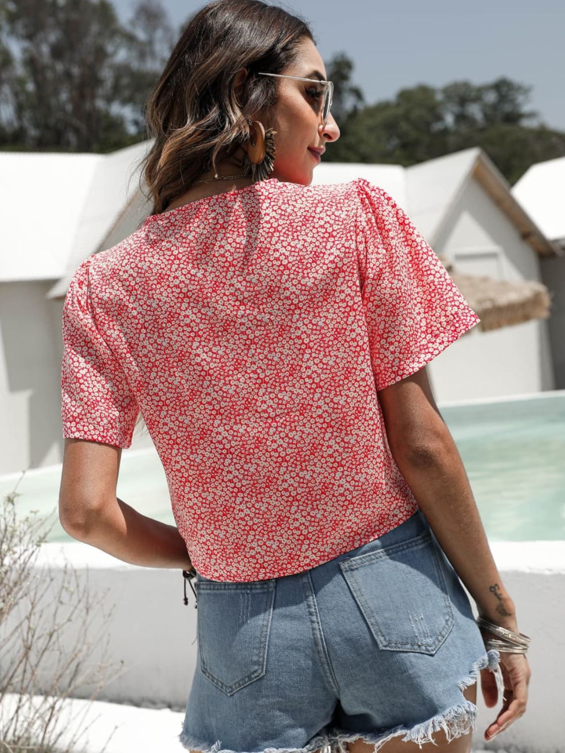 Floral Drawstring Deep V Cropped Blouse - Mervyns