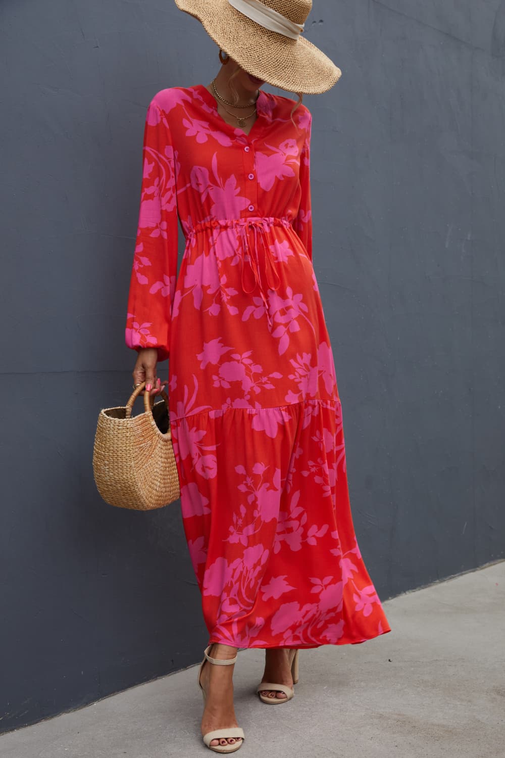 Floral Drawstring Waist Long Sleeve Dress - Mervyns