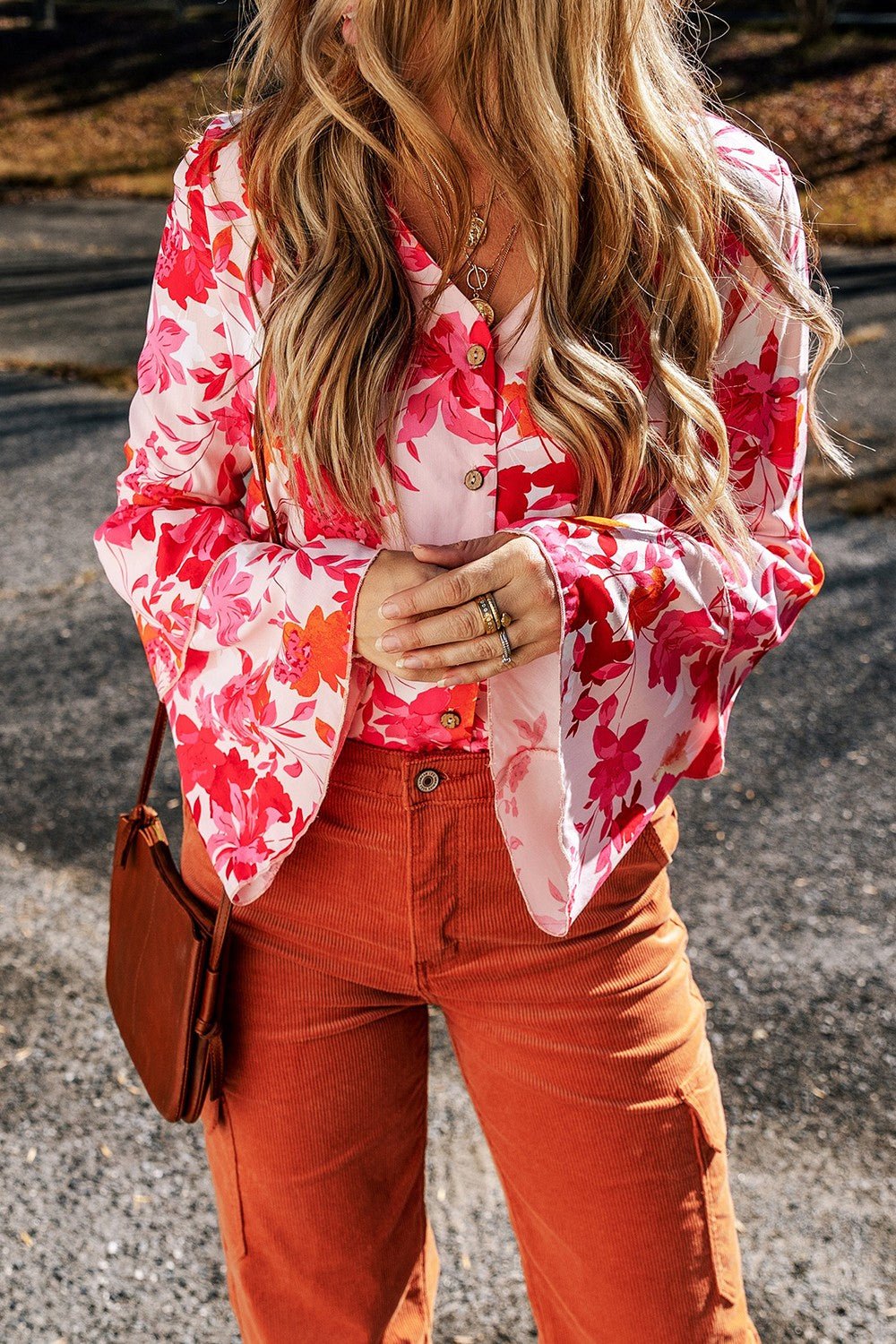 Floral Flare Sleeve Button Up V - Neck Bodysuit - Mervyns