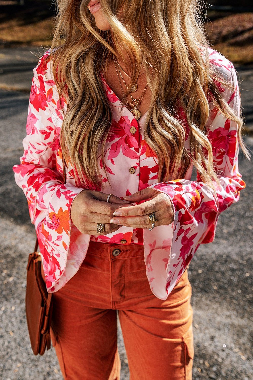 Floral Flare Sleeve Button Up V - Neck Bodysuit - Mervyns