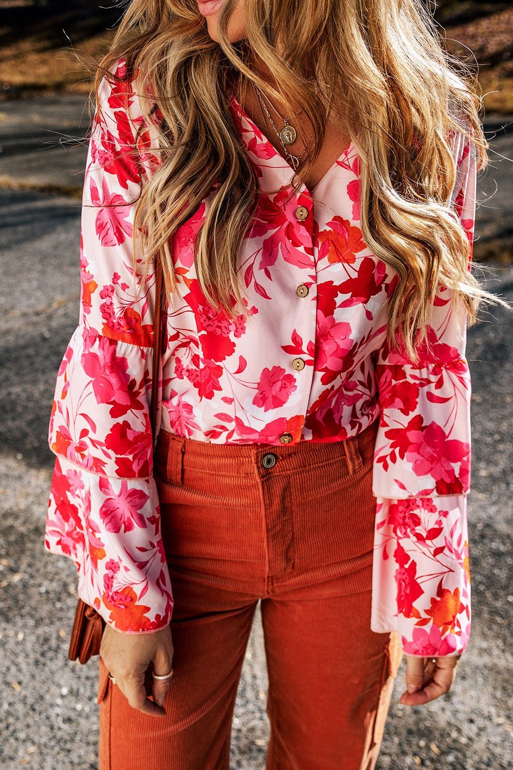 Floral Flare Sleeve Button Up V - Neck Bodysuit - Mervyns