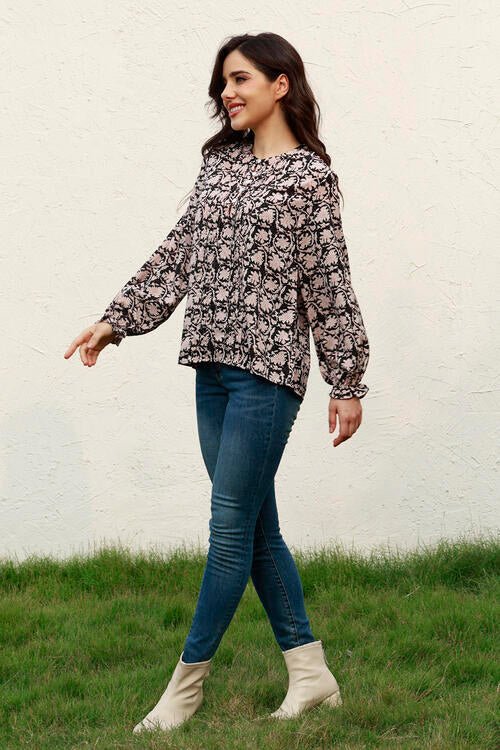 Floral Flounce Sleeve Round Neck Blouse - Mervyns