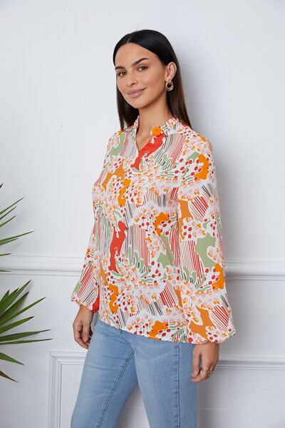 Floral Frill Notched Long Sleeve Blouse - Mervyns