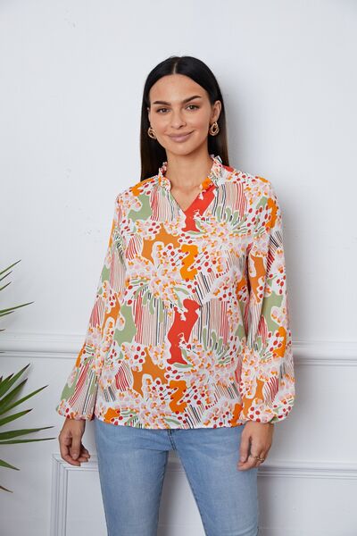 Floral Frill Notched Long Sleeve Blouse - Mervyns