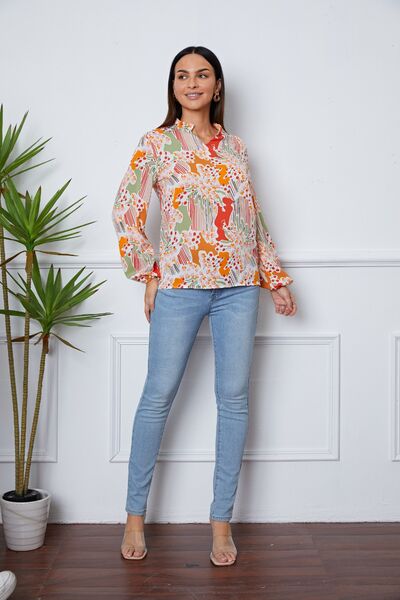 Floral Frill Notched Long Sleeve Blouse - Mervyns