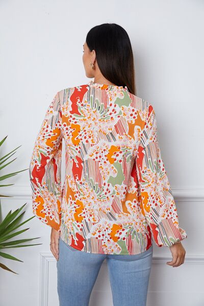 Floral Frill Notched Long Sleeve Blouse - Mervyns