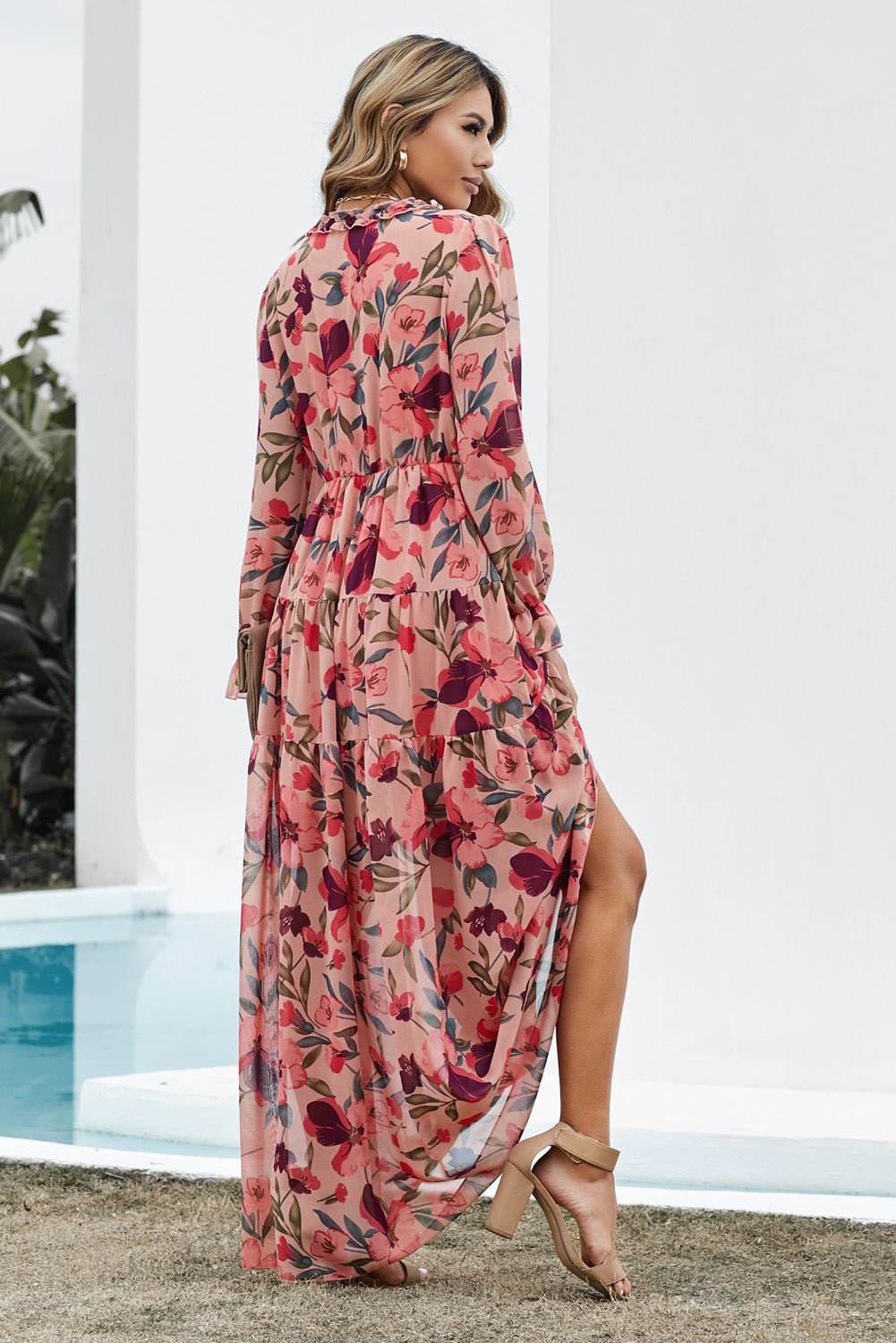 Floral Frill Trim Flounce Sleeve Plunge Maxi Dress - Mervyns