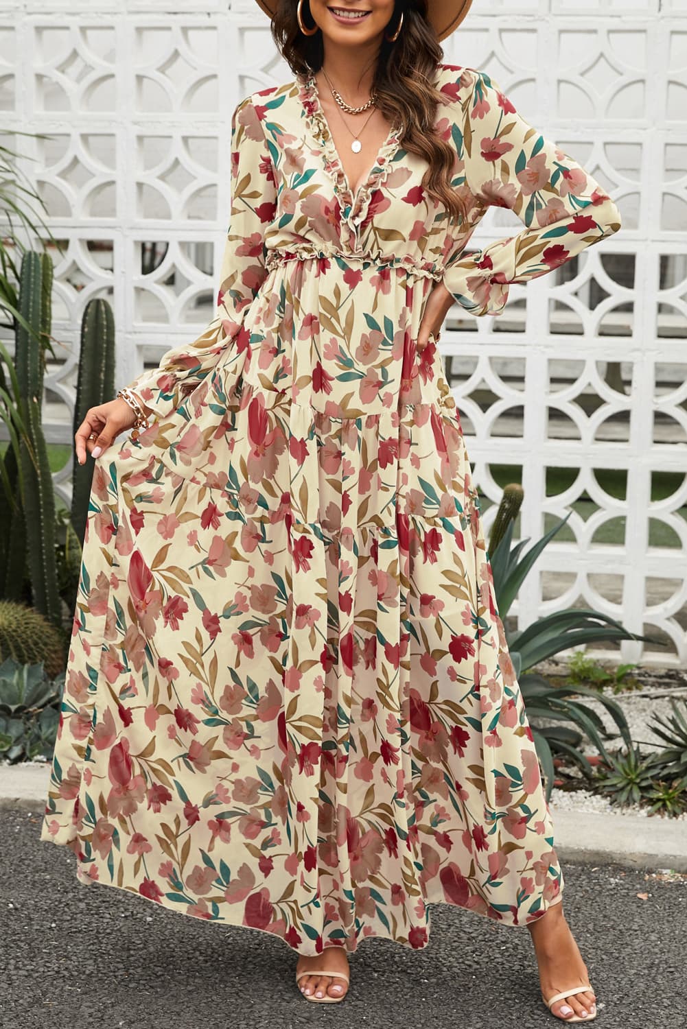 Floral Frill Trim Flounce Sleeve Plunge Maxi Dress - Mervyns