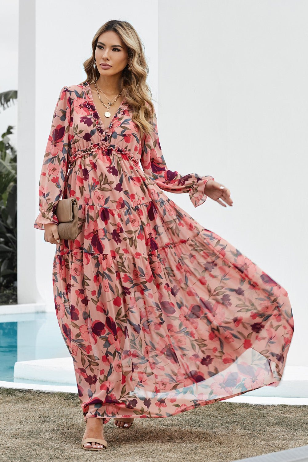 Floral Frill Trim Flounce Sleeve Plunge Maxi Dress - Mervyns