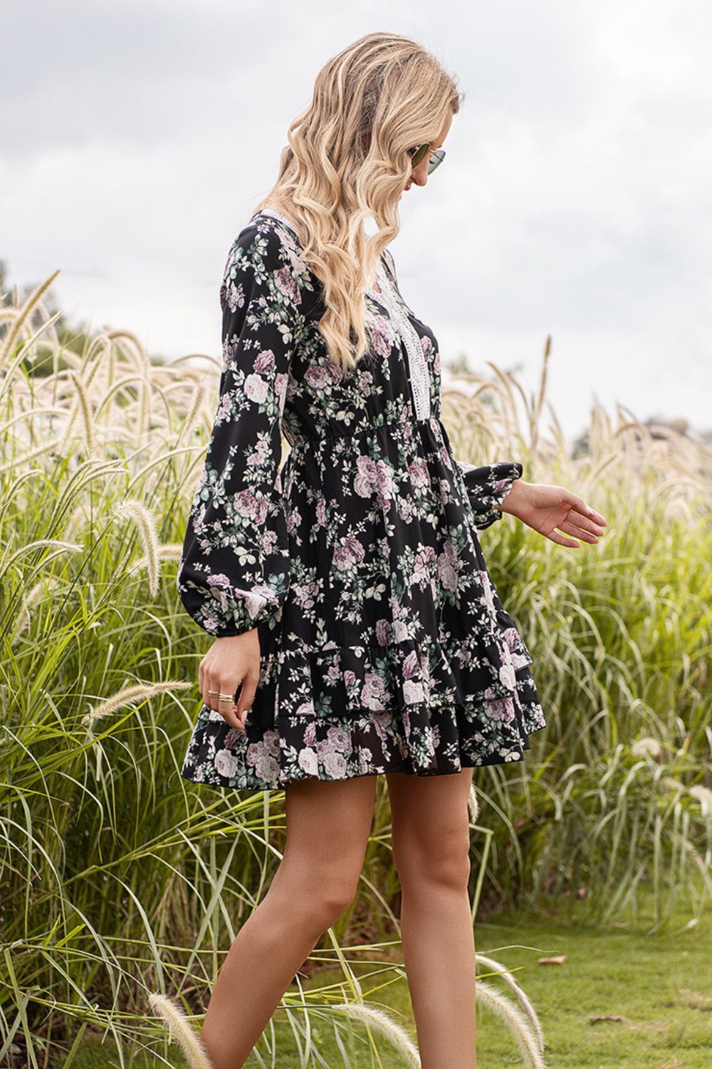 Floral Lace Trim Long Sleeve Dress - Mervyns