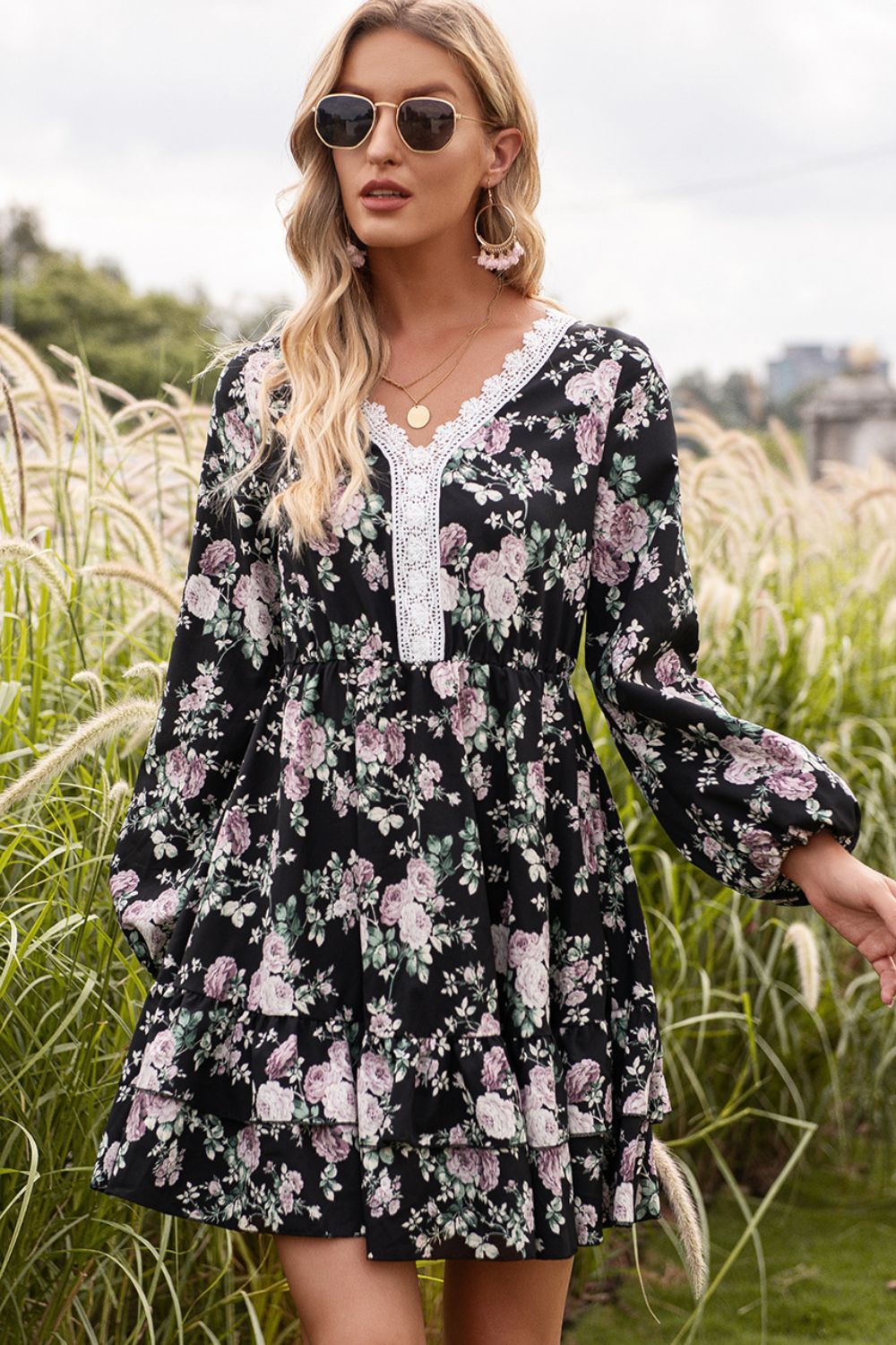 Floral Lace Trim Long Sleeve Dress - Mervyns