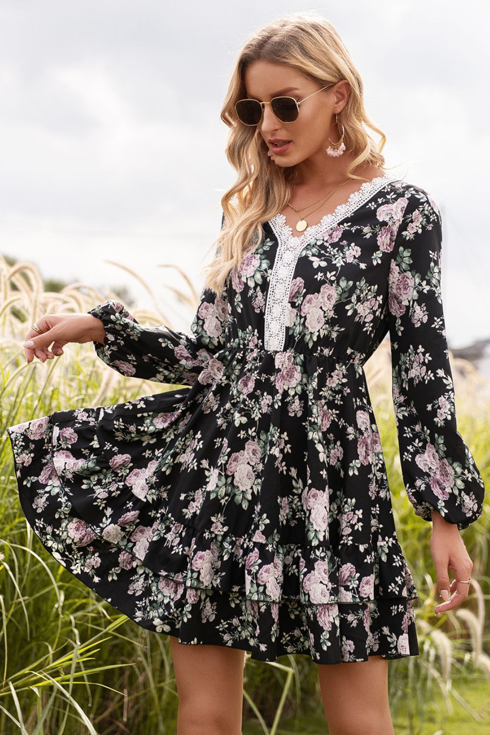 Floral Lace Trim Long Sleeve Dress - Mervyns