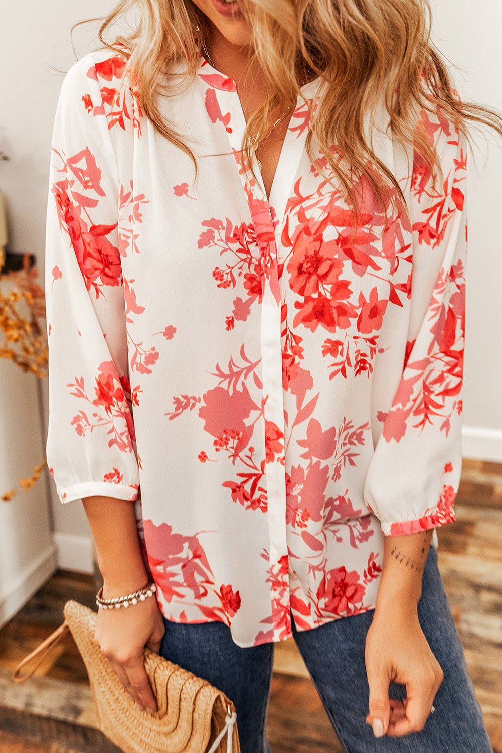 Floral Notched Long Sleeve Blouse - Mervyns