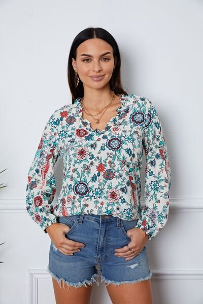 Floral Notched Long Sleeve Blouse - Mervyns