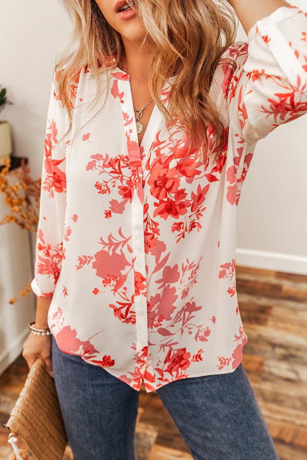 Floral Notched Long Sleeve Blouse - Mervyns