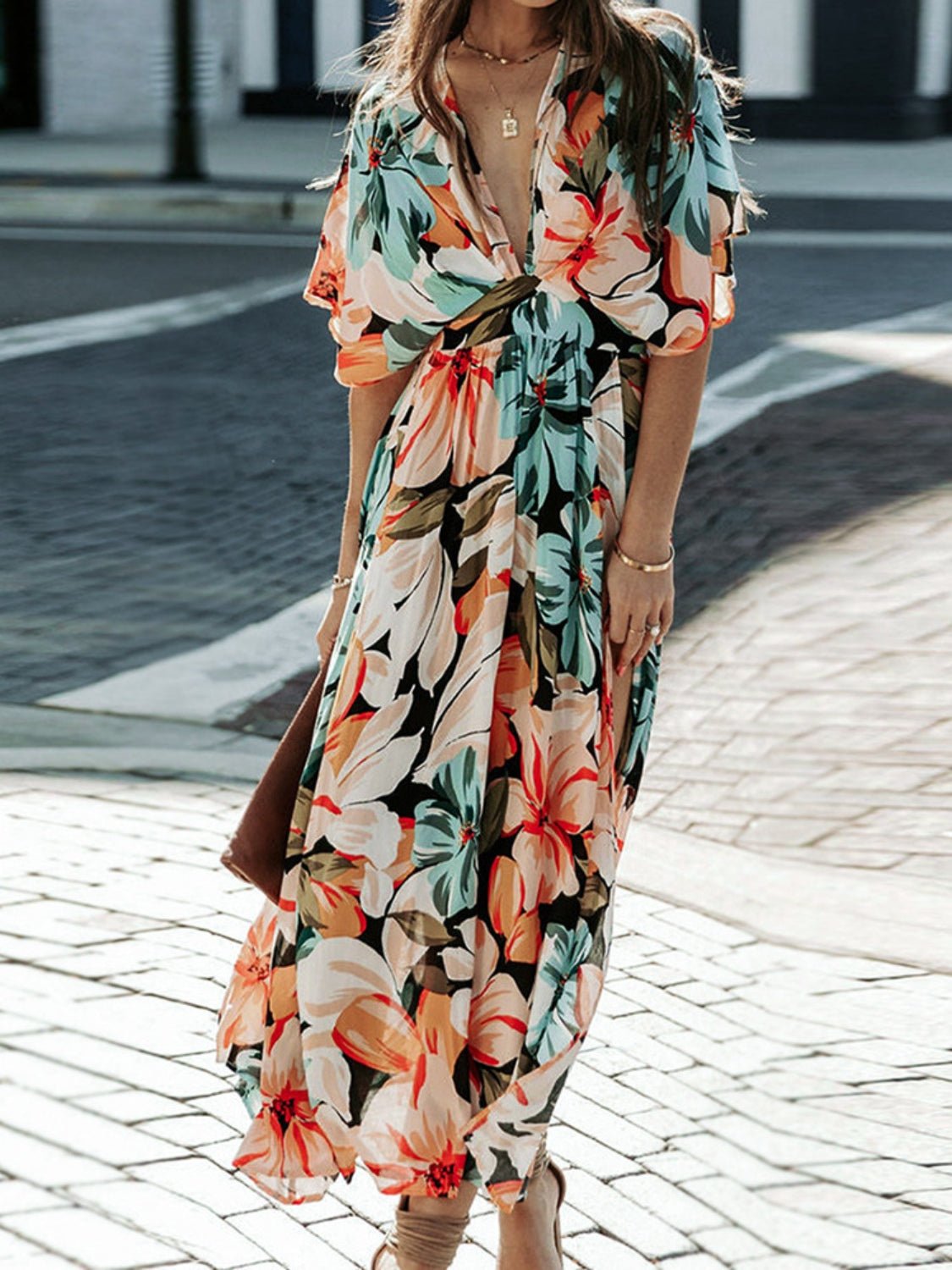 Floral Plunge Half Sleeve Dress - Mervyns