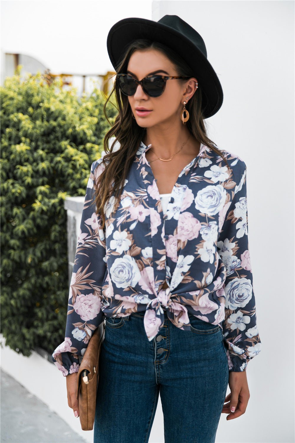 Floral Print Mock Neck Button Front Shirt - Mervyns