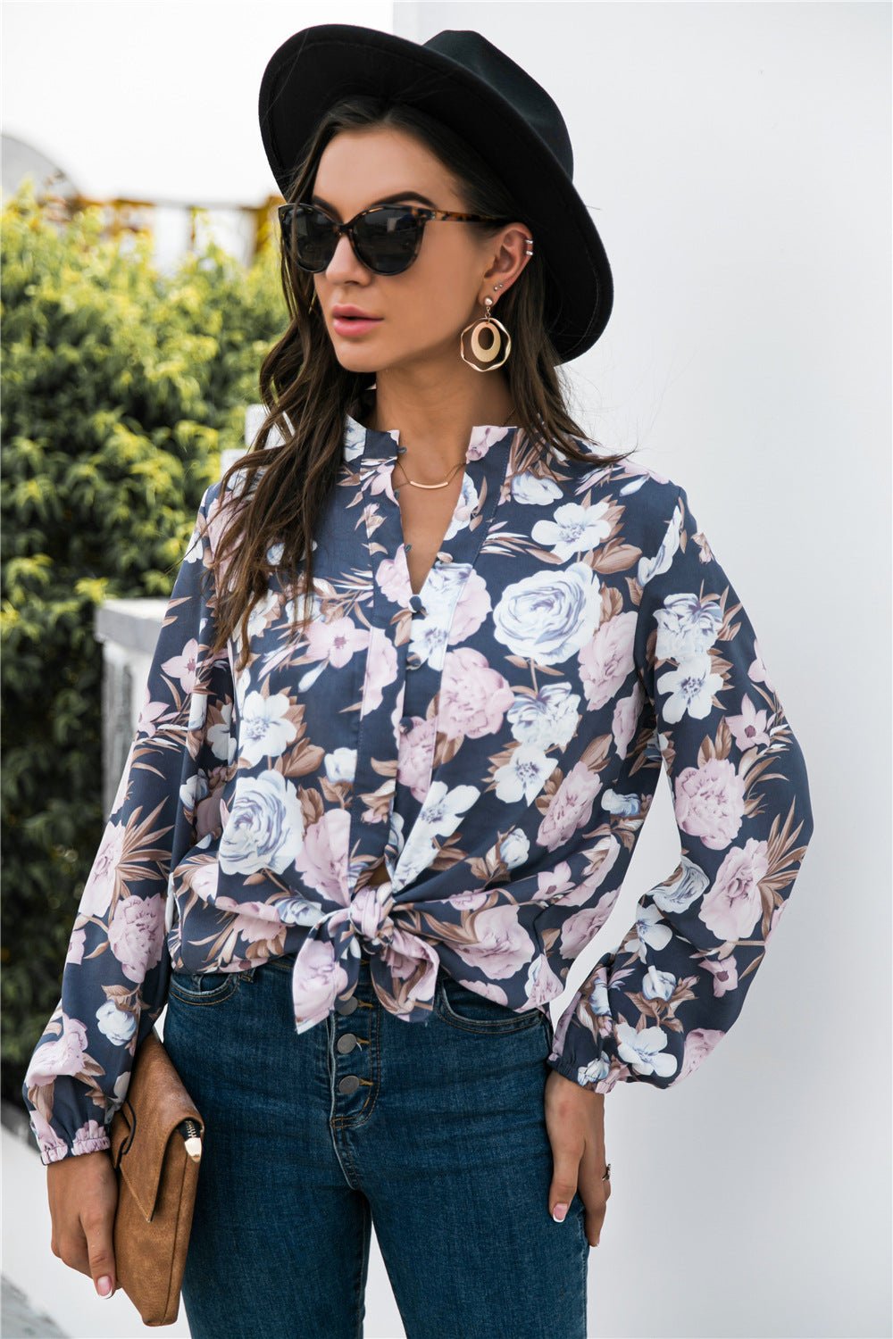 Floral Print Mock Neck Button Front Shirt - Mervyns