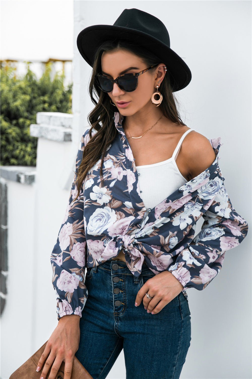 Floral Print Mock Neck Button Front Shirt - Mervyns