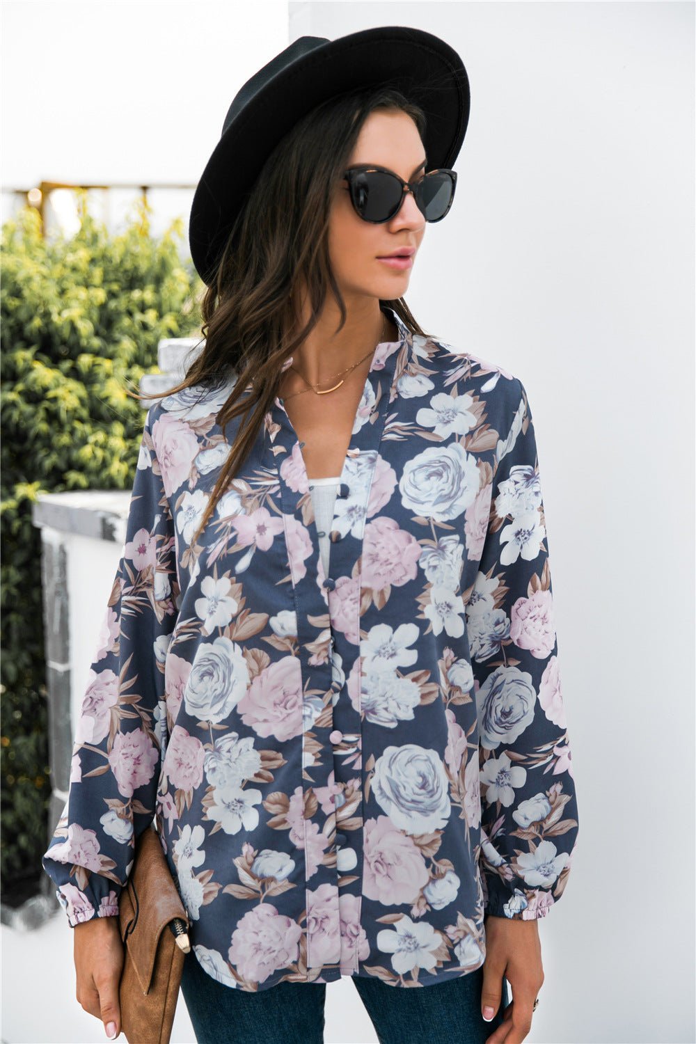 Floral Print Mock Neck Button Front Shirt - Mervyns