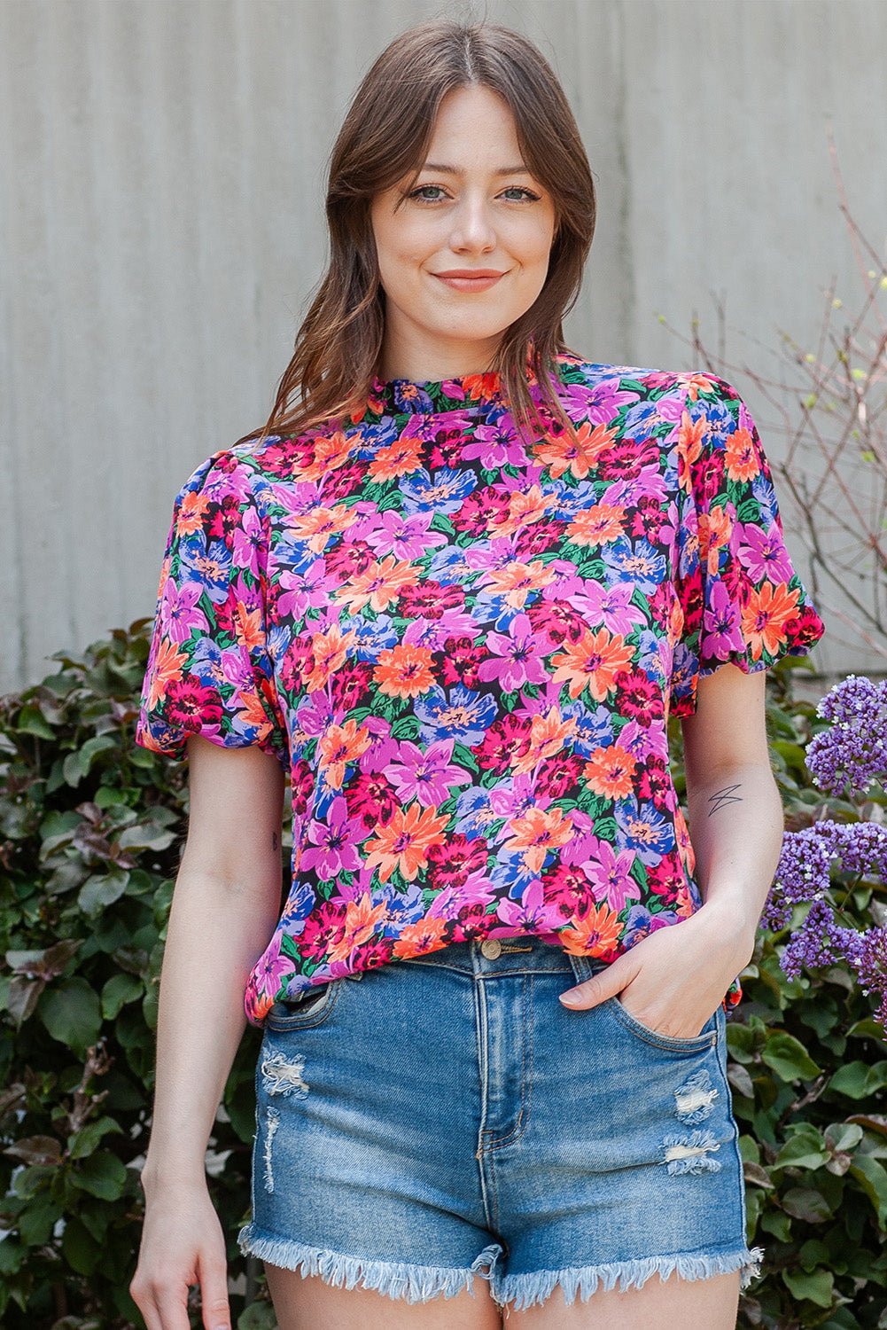 Floral Print Puff Sleeve Round Neck Blouse - Mervyns