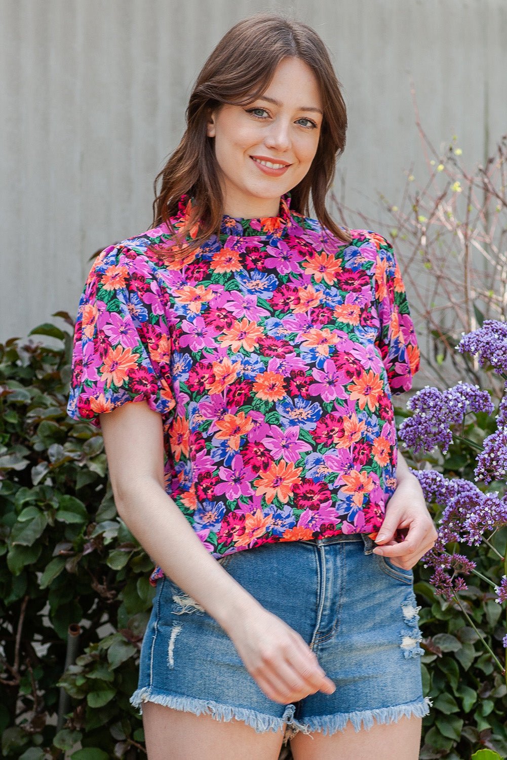 Floral Print Puff Sleeve Round Neck Blouse - Mervyns