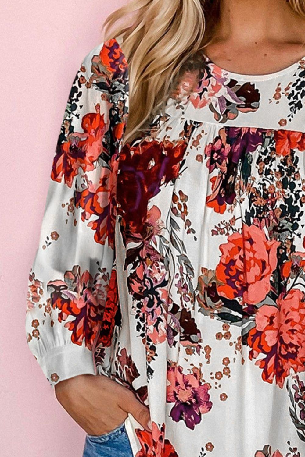 Floral Print Round Neck Long Sleeve Blouse - Mervyns