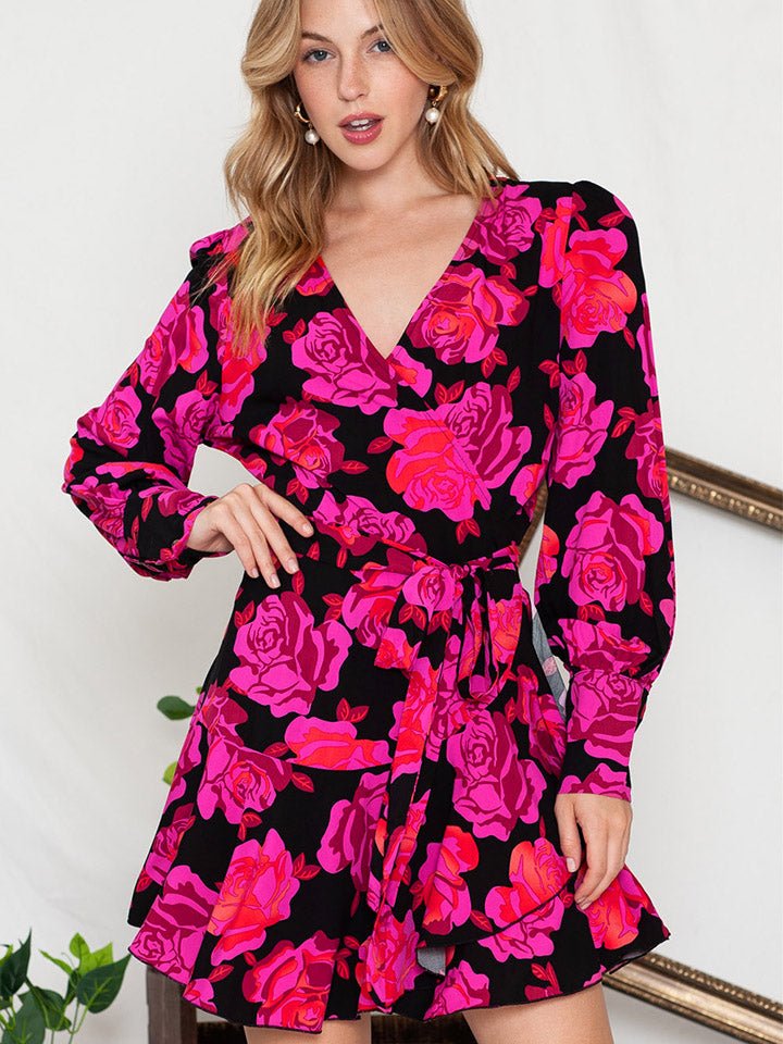 Floral Print Surplice Neck Long Sleeve Dress - Mervyns