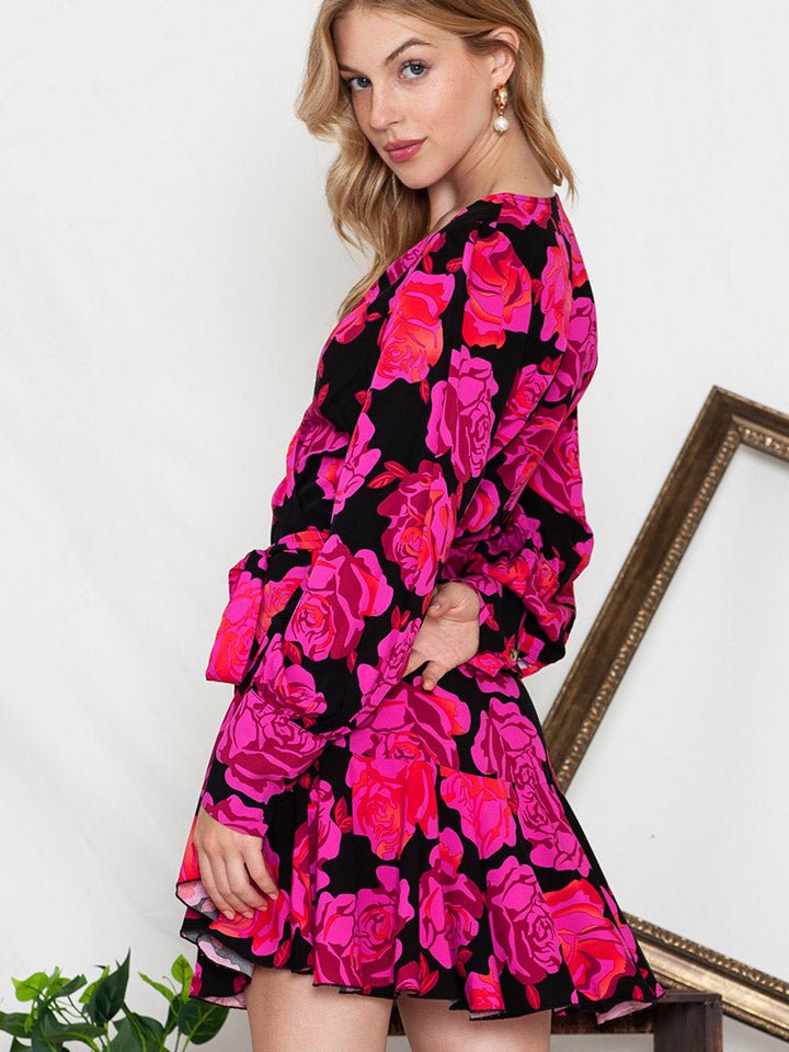 Floral Print Surplice Neck Long Sleeve Dress - Mervyns