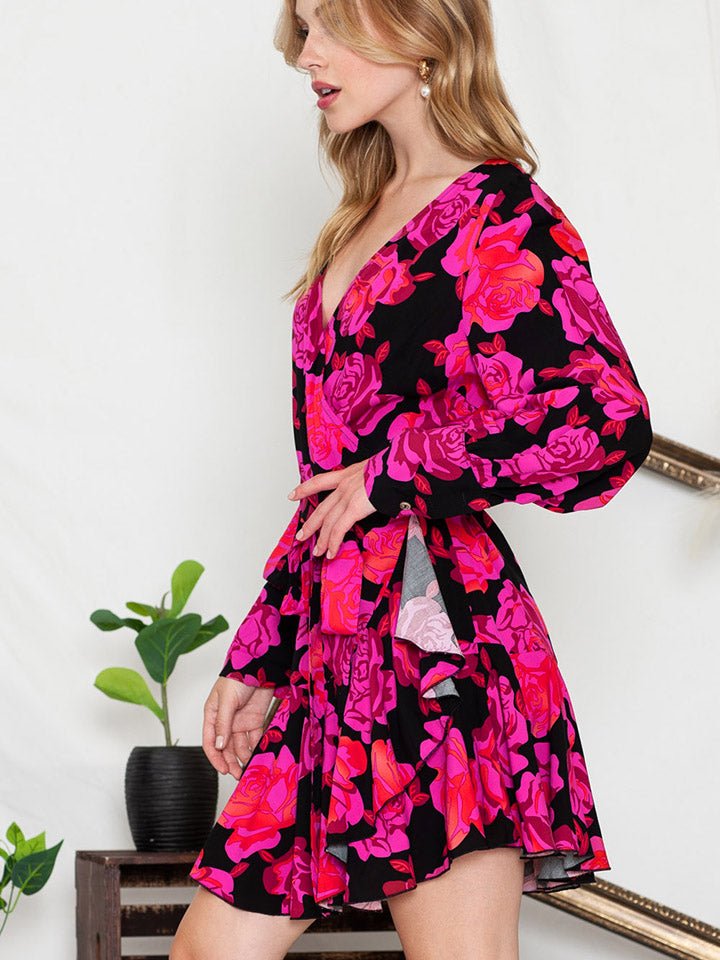 Floral Print Surplice Neck Long Sleeve Dress - Mervyns