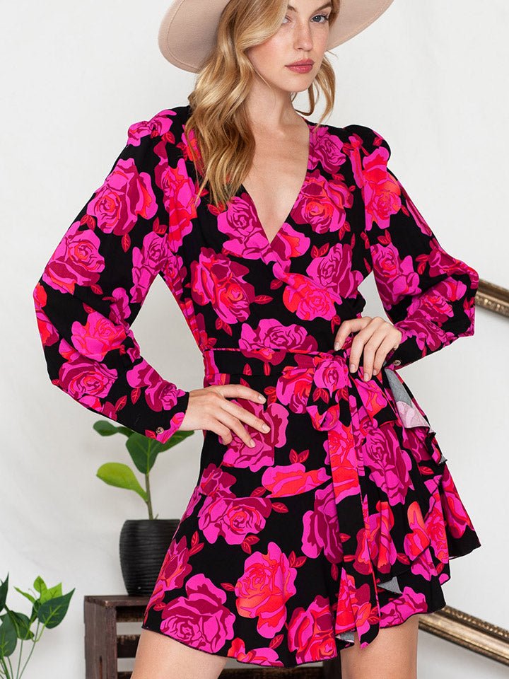 Floral Print Surplice Neck Long Sleeve Dress - Mervyns