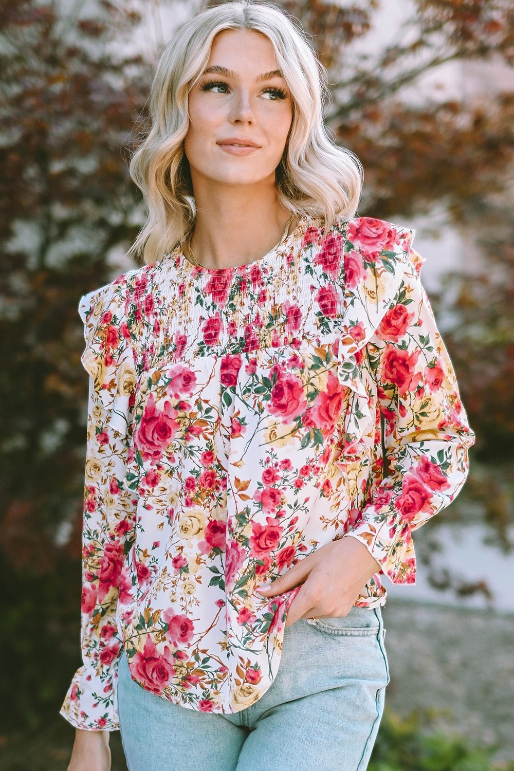 Floral Round Neck Smocked Blouse - Mervyns