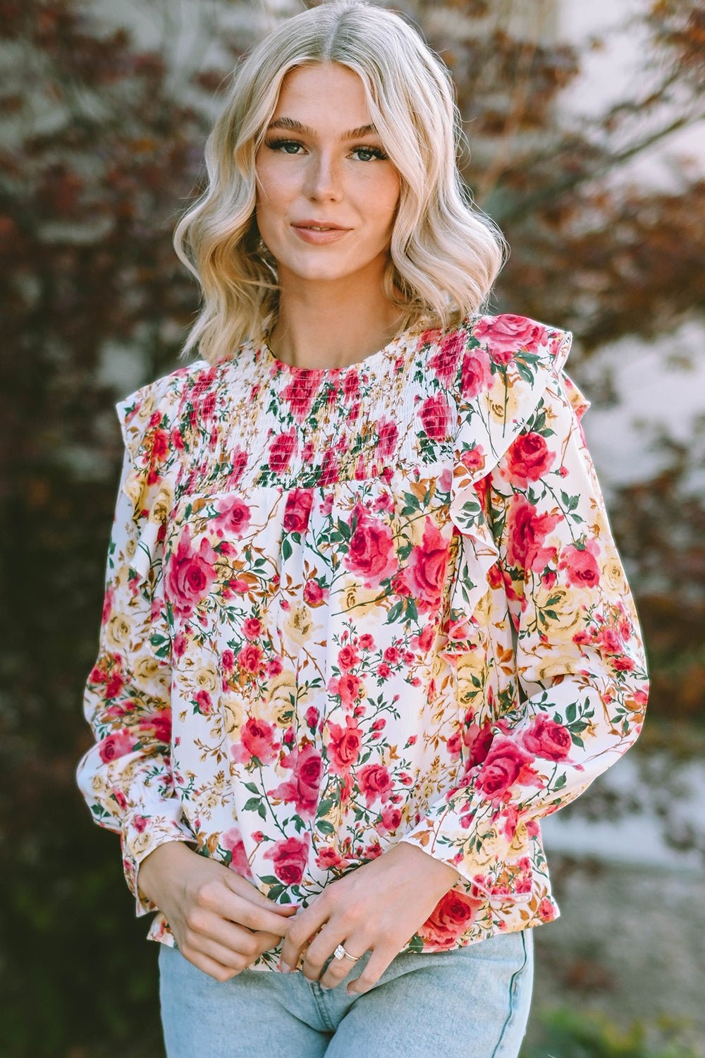 Floral Round Neck Smocked Blouse - Mervyns