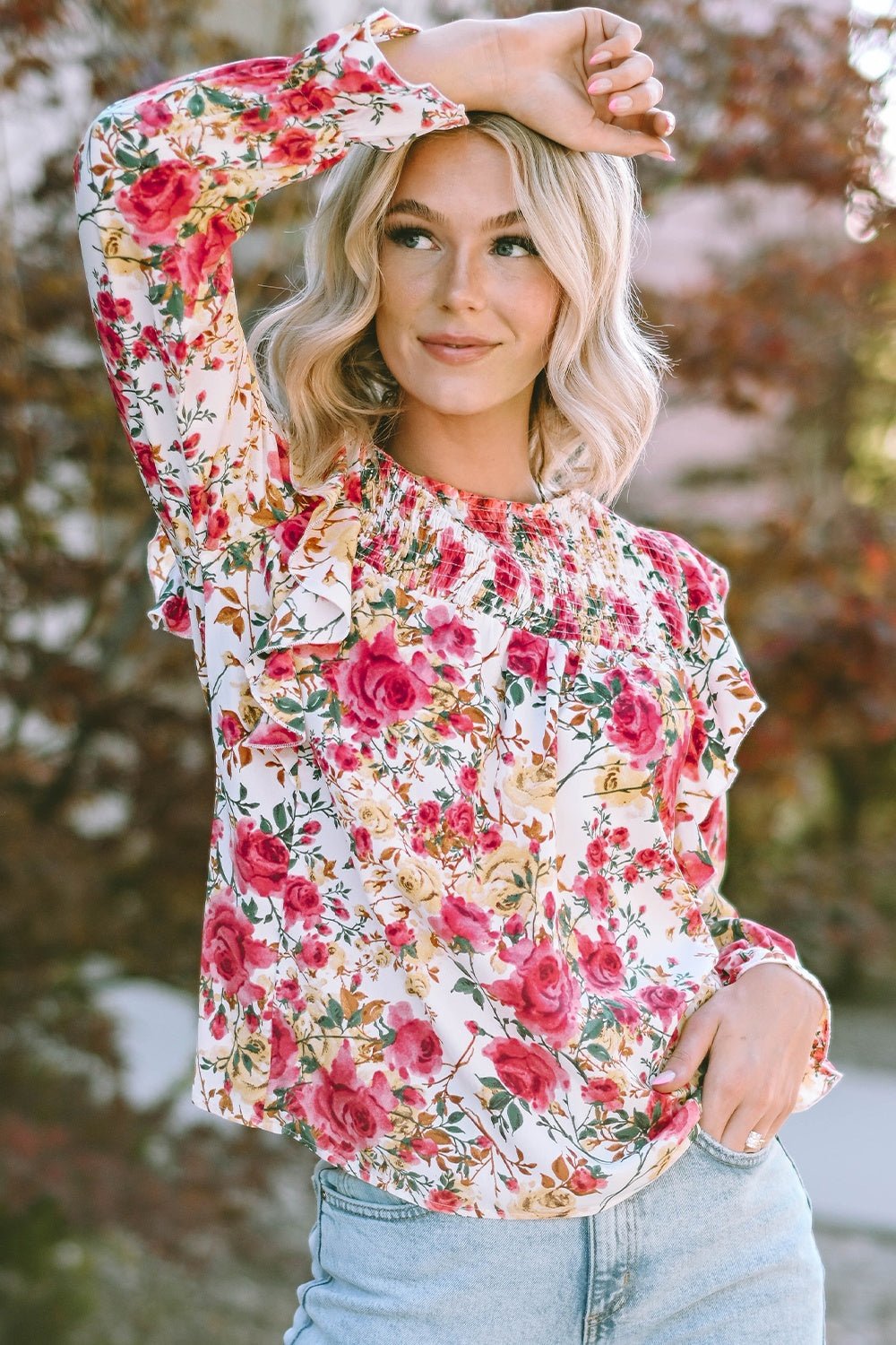 Floral Round Neck Smocked Blouse - Mervyns