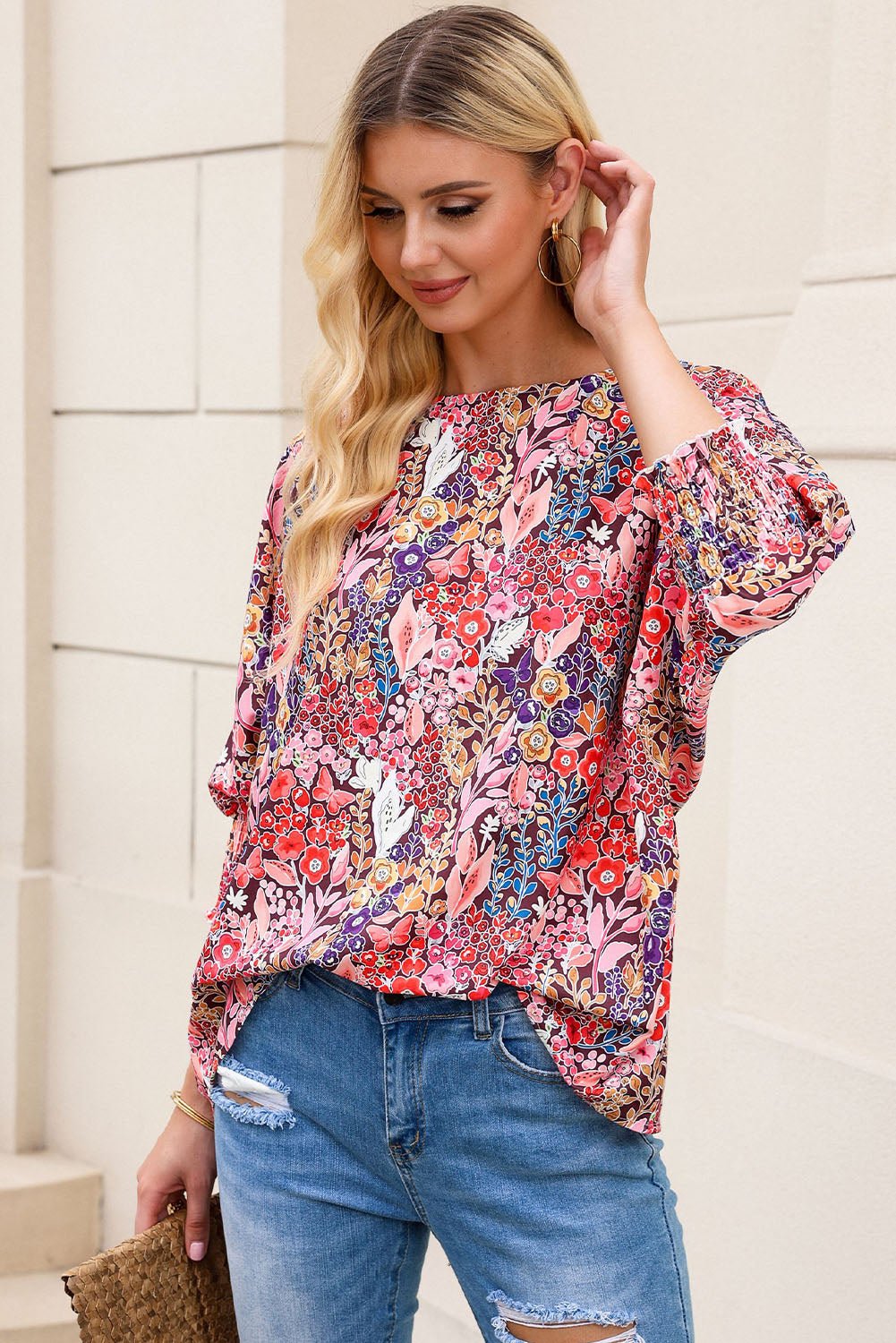 Floral Round Neck Three - Quarter Sleeve Top - Mervyns