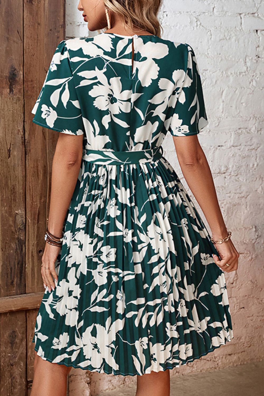 Floral Round Neck Tie Belt Pleated Dress - Mervyns