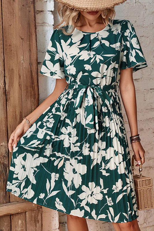 Floral Round Neck Tie Belt Pleated Dress - Mervyns