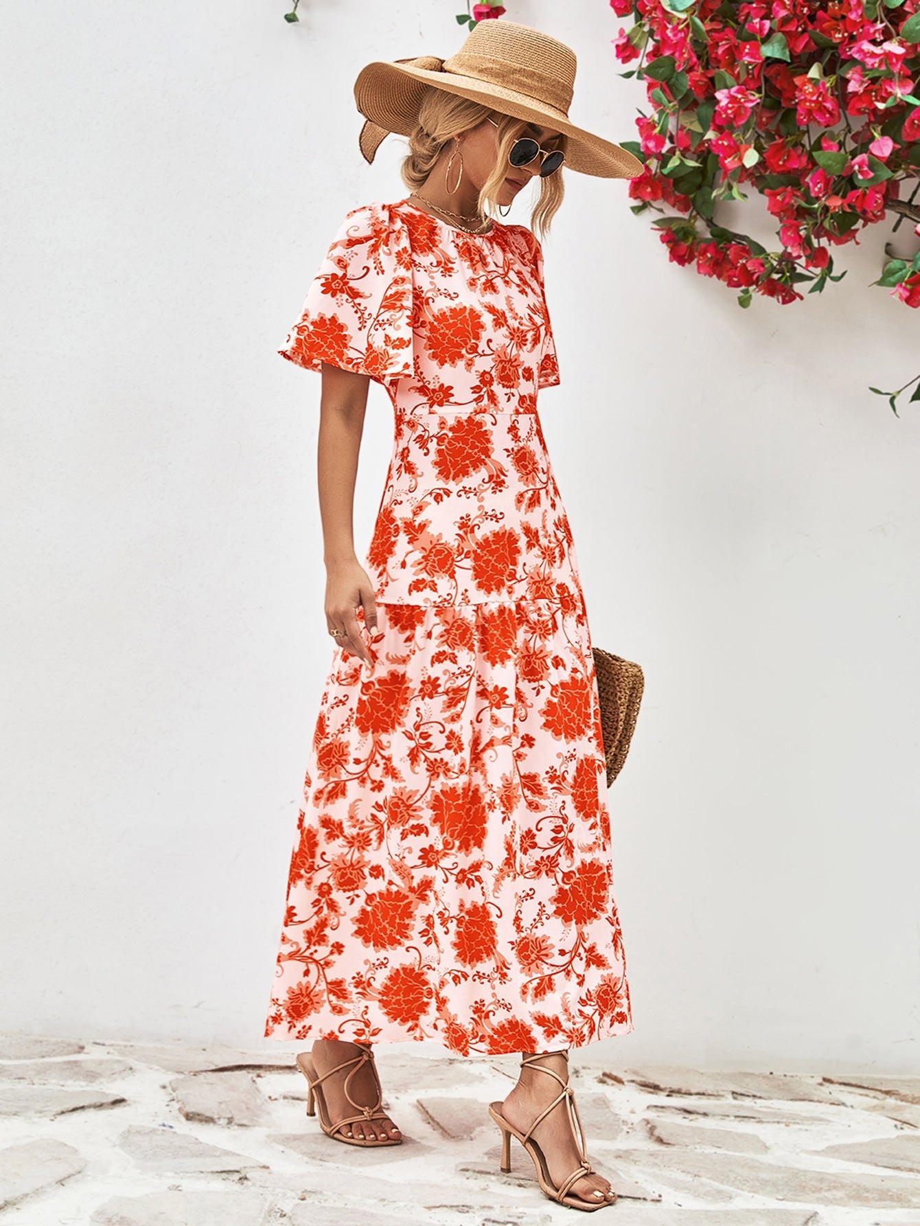 Floral Round Neck Tied Open Back Dress - Mervyns