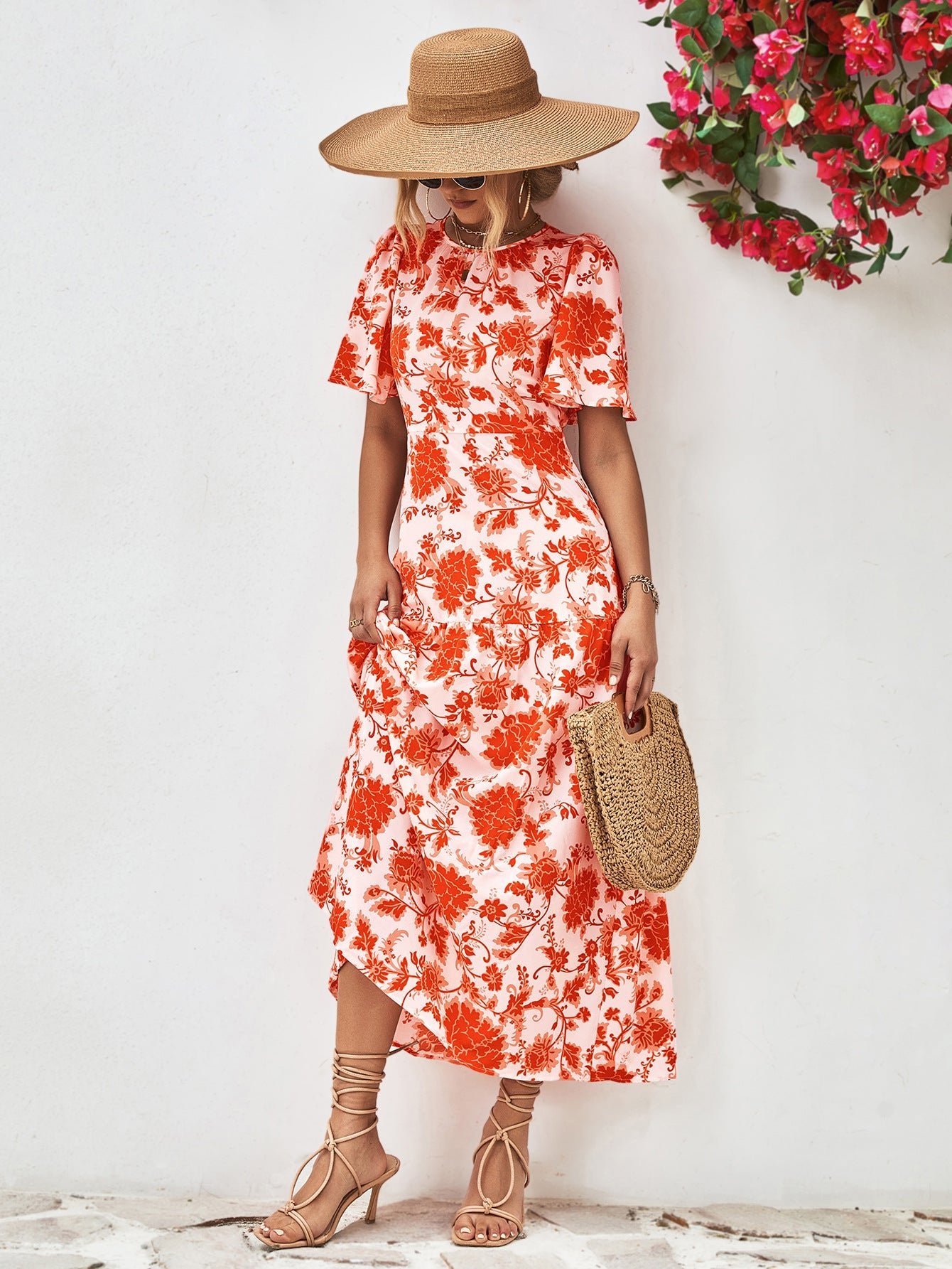 Floral Round Neck Tied Open Back Dress - Mervyns