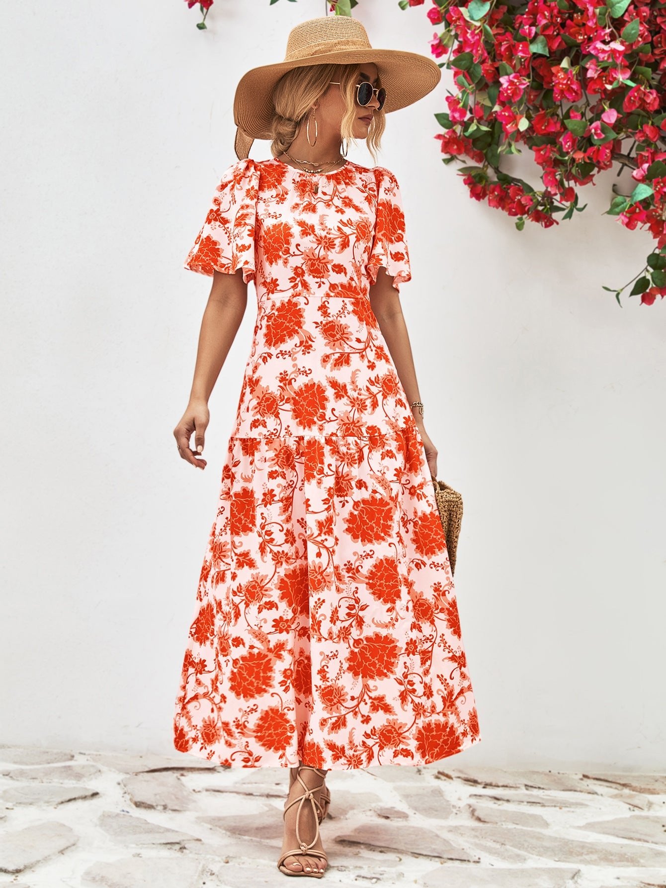 Floral Round Neck Tied Open Back Dress - Mervyns