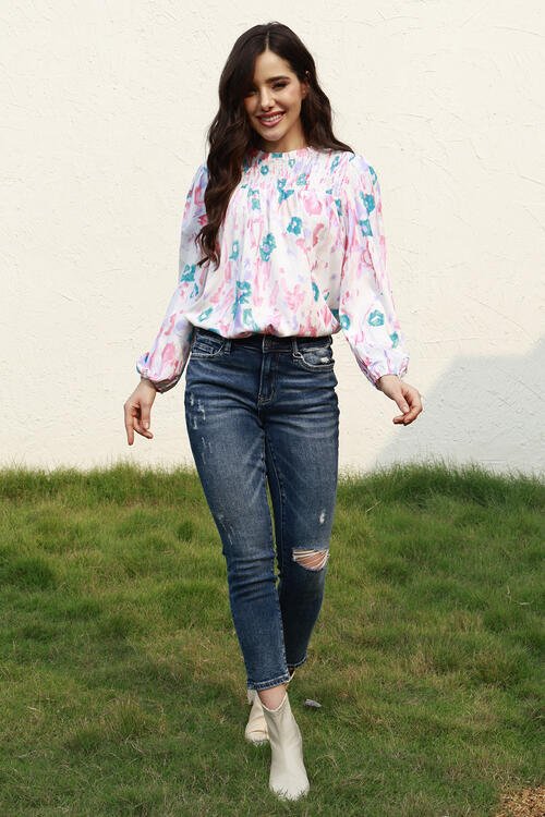 Floral Smocked Balloon Sleeve Round Neck Blouse - Mervyns