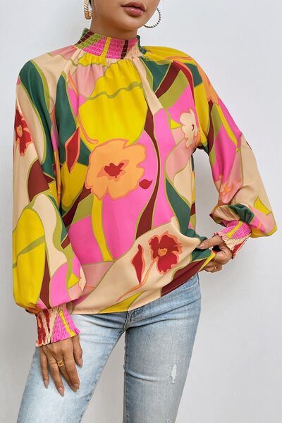 Floral Smocked Lantern Sleeve Mock Neck Blouse - Mervyns