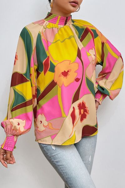 Floral Smocked Lantern Sleeve Mock Neck Blouse - Mervyns