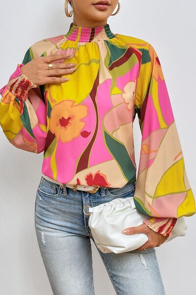 Floral Smocked Lantern Sleeve Mock Neck Blouse - Mervyns