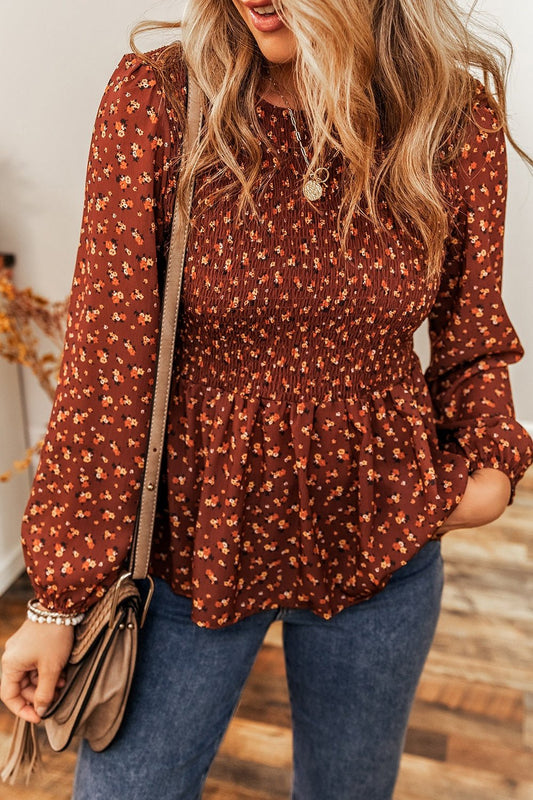 Floral Smocked Ruffle Hem Long Sleeve Blouse - Mervyns