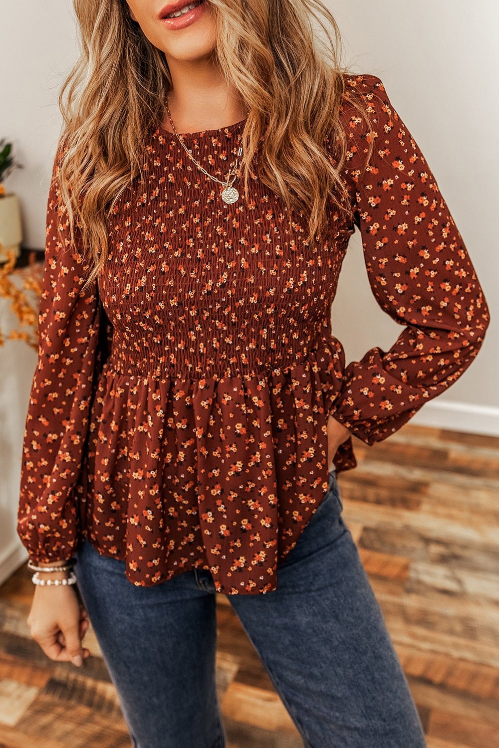 Floral Smocked Ruffle Hem Long Sleeve Blouse - Mervyns